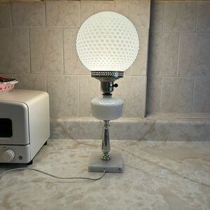 Vintage Round White Hobnail Glass Table Lamp with Marble Base